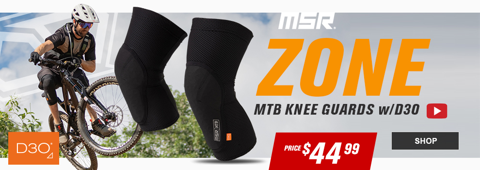 MSR Zone MTB Knee Guards with D three zero, price fourty four dollars and ninety nine cents, Shop button
